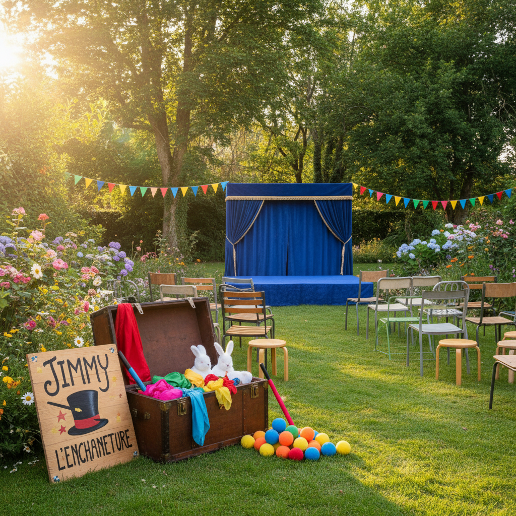 A charming garden setup for a family magic show, portrayed in vibrant photographic realism with no people present. On a neatly trimmed lawn, a small portable stage is assembled, its surface covered with royal blue velvet. A whimsical hand-painted sign reading "JIMMY L’ENCHANTEUR" leans beside a vintage wooden trunk overflowing with colorful silk scarves, foam rabbits, and bright sponge balls. Nearby, rows of mismatched chairs of various sizes suggest children and adults will sit together. Late afternoon sunlight filters through leafy trees, casting dappled patterns and creating a soft, golden rim light on the edges of the props. Captured at eye level with moderate depth of field, the composition centers the trunk and sign while garden flowers and a string of pennant flags provide a joyful, playful background, ideal for festive family occasions.