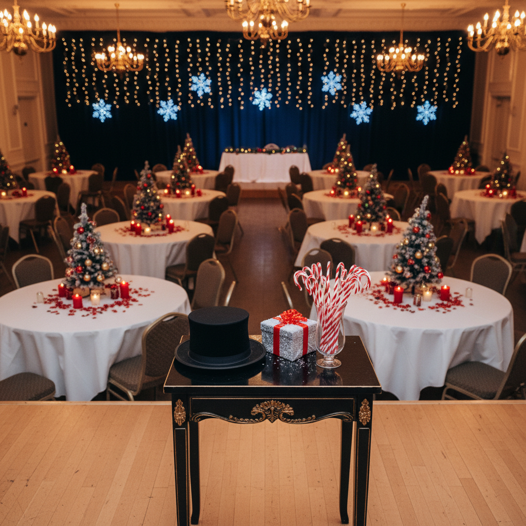 A cozy company Christmas event setting ready for a magical animation, without any human presence. In a warmly lit reception hall, round tables are covered with crisp white linens and decorated with small tabletop Christmas trees, shimmering ornaments, and red candles. At the front, a dedicated magic performance area features a black-and-gold magician’s table, a classic top hat set beside a snow-dusted gift box, candy-cane striped magic wands in a crystal vase, and a backdrop of twinkling fairy lights forming star and snowflake shapes. Soft, ambient lighting from chandeliers and the fairy lights creates a gentle, festive glow, with subtle reflections dancing across the props. Photographically rendered from a slightly elevated, wide-angle view, the atmosphere feels warm, playful, and perfect for an intergenerational holiday show.