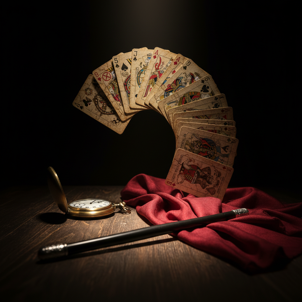 A close-up, photographic shot of a magician’s hands implied but not shown, focusing solely on the magical objects. At the center, a thick deck of worn, vintage-style playing cards appears frozen mid-flourish, as if suspended in mid-air above a dark wooden table. Below, additional props are carefully arranged: a gleaming brass pocket watch half-open, a silk scarf in vivid crimson spilling over the table’s edge, and a polished ebony wand resting diagonally. A single warm spotlight from above creates strong, theatrical contrasts, with deep shadows and sharp highlights emphasizing every texture: the card edges, the wood grain, the soft fabric. The background falls into inky darkness for maximum drama. Shot from a slightly low angle with very shallow depth of field, the mood is mysterious, elegant, and intensely magical.