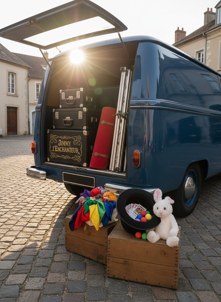 An imaginative backstage view of a traveling magician’s equipment prepared for a village fête, devoid of any people, rendered in detailed photographic realism. Inside the open back of a vintage van, neatly stacked black cases with brass corners sit beside a rolled red carpet, collapsible backdrop frames, and bundles of colorful silk scarves. A bold label on one case reads "JIMMY L’ENCHANTEUR" in playful gold lettering. A top hat rests upside down on a crate, overflowing with trick cards, foam balls, and a plush white rabbit toy. Late afternoon sunlight streams in from behind the van, creating gentle lens flare and long, soft shadows on the pavement. Shot from a three-quarter angle, the composition emphasizes depth and organization, conveying anticipation and the excitement of setting up a magical show for any kind of event.