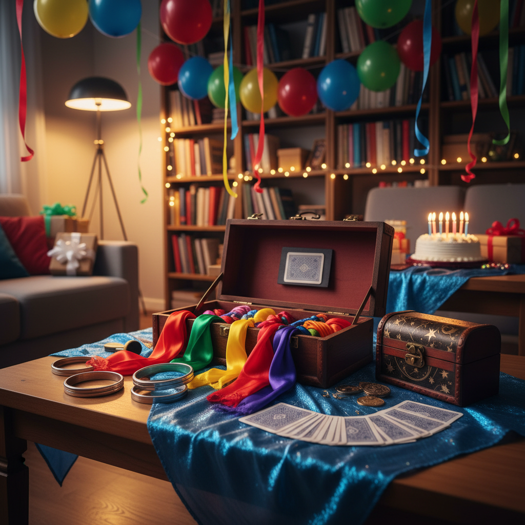 A festive living-room birthday party scene designed for an intergenerational magic show, with no people visible. Colorful balloons and paper garlands hang from the ceiling above a low wooden coffee table draped in sparkling blue fabric. On the table, a magician’s kit is opened wide: nested silver rings, silk scarves in rainbow hues spilling out, a deck of cards fanned dramatically, and a mysterious locked wooden box adorned with engraved stars. Soft, warm indoor lighting from a nearby floor lamp and fairy lights wrapped around a bookshelf cast gentle, golden reflections across the props. Photographic realism at a slightly elevated angle emphasizes the cozy, joyful atmosphere, with sharp focus on the magic props and a softly blurred background of wrapped gifts and a frosted birthday cake waiting for the show to begin.