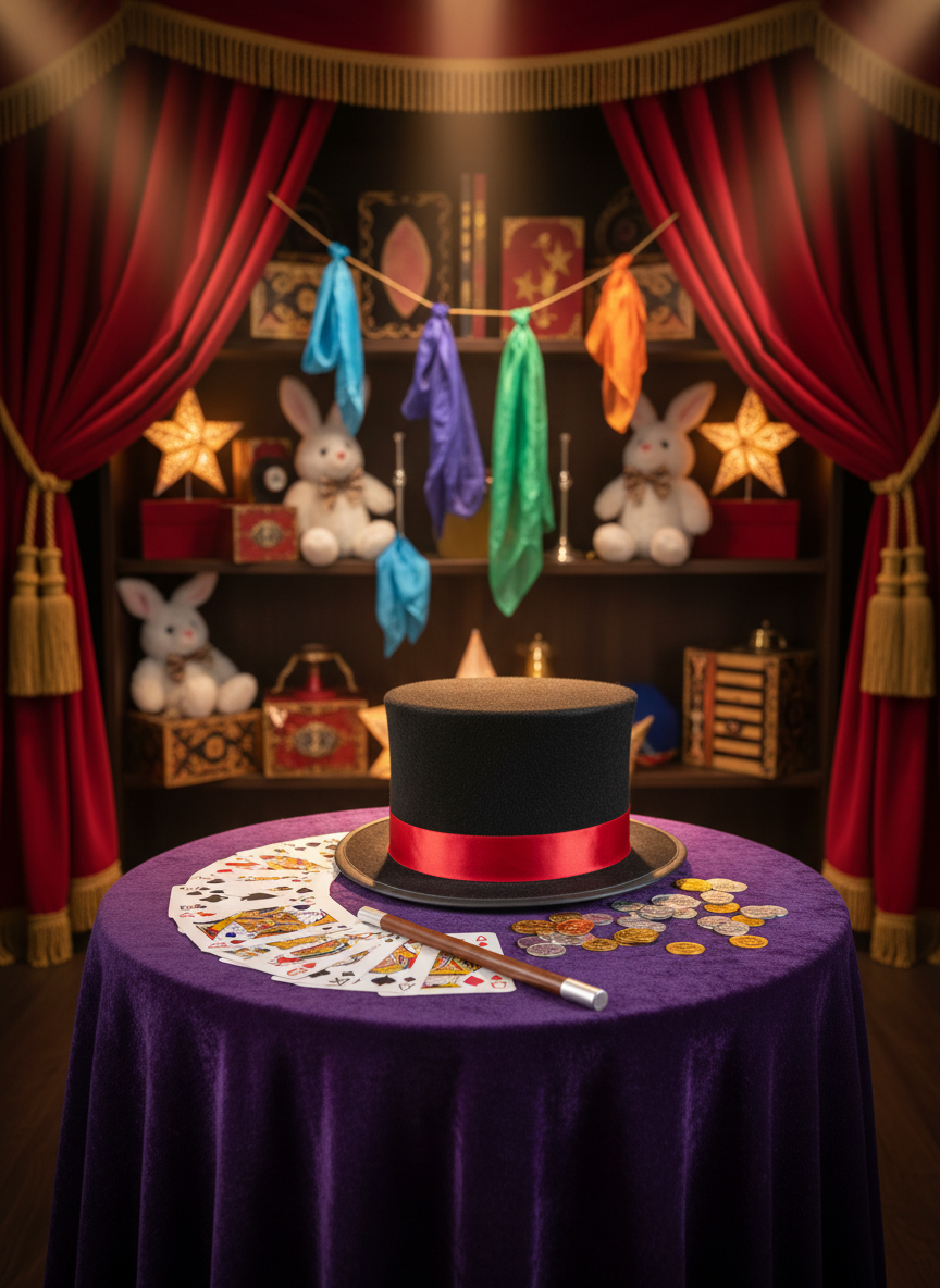 A richly detailed magician’s stage set for all ages, without any people present. At center, a classic black top hat with a red satin band rests on a deep purple velvet tablecloth, next to a polished wooden wand, a spread of oversized colorful playing cards, and glittering metallic coins. Behind, heavy red theater curtains frame shelves filled with whimsical props: rabbit plush toys peeking from boxes, floating silk scarves mid-air, and glowing star-shaped lanterns. Warm spotlight illumination from above creates dramatic highlights on the hat’s felt texture and the wand’s glossy finish, while the rest of the room fades into a soft, photographic bokeh. Shot at eye level with shallow depth of field, the mood is playful, enchanting, and family-friendly, evoking a world of magical entertainment for any celebration.