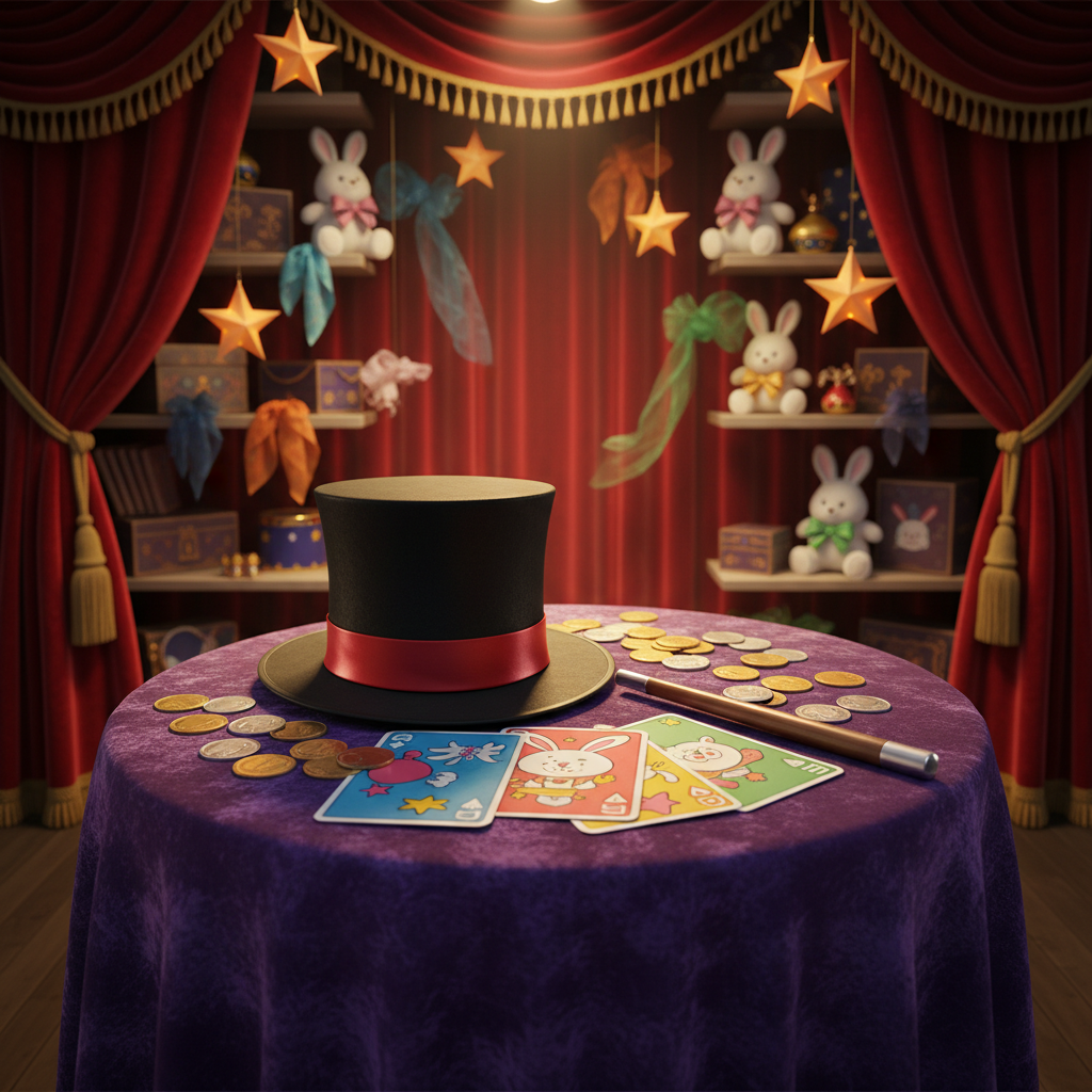 A richly detailed magician’s stage set for all ages, without any people present. At center, a classic black top hat with a red satin band rests on a deep purple velvet tablecloth, next to a polished wooden wand, a spread of oversized colorful playing cards, and glittering metallic coins. Behind, heavy red theater curtains frame shelves filled with whimsical props: rabbit plush toys peeking from boxes, floating silk scarves mid-air, and glowing star-shaped lanterns. Warm spotlight illumination from above creates dramatic highlights on the hat’s felt texture and the wand’s glossy finish, while the rest of the room fades into a soft, photographic bokeh. Shot at eye level with shallow depth of field, the mood is playful, enchanting, and family-friendly, evoking a world of magical entertainment for any celebration.