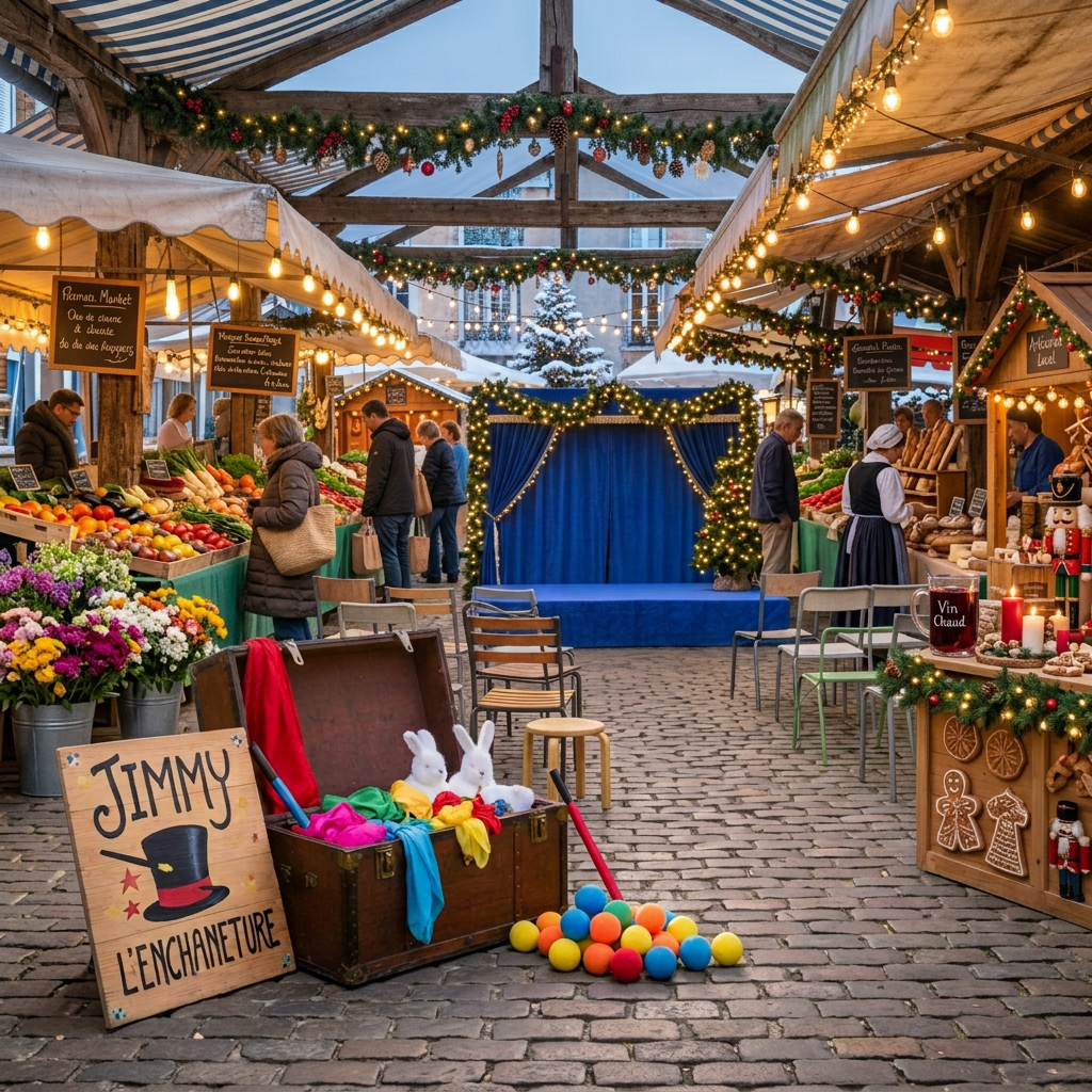 A charming garden setup for a family magic show, portrayed in vibrant photographic realism with no people present. On a neatly trimmed lawn, a small portable stage is assembled, its surface covered with royal blue velvet. A whimsical hand-painted sign reading "JIMMY L’ENCHANTEUR" leans beside a vintage wooden trunk overflowing with colorful silk scarves, foam rabbits, and bright sponge balls. Nearby, rows of mismatched chairs of various sizes suggest children and adults will sit together. Late afternoon sunlight filters through leafy trees, casting dappled patterns and creating a soft, golden rim light on the edges of the props. Captured at eye level with moderate depth of field, the composition centers the trunk and sign while garden flowers and a string of pennant flags provide a joyful, playful background, ideal for festive family occasions.